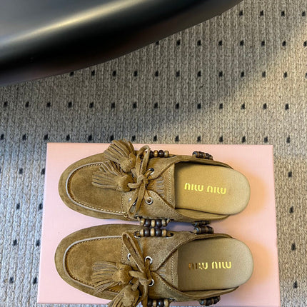 MIUMIU 26S MULES IN OLIVE BROWN SUEDE