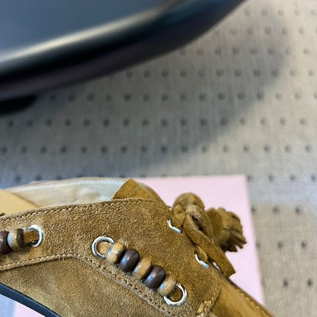 MIUMIU 26S MULES IN OLIVE BROWN SUEDE
