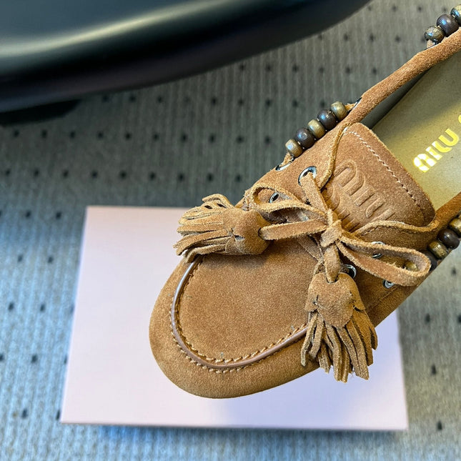 MIUMIU 26S TASSEL LOAFERS IN CARAMEL BROWN SUEDE