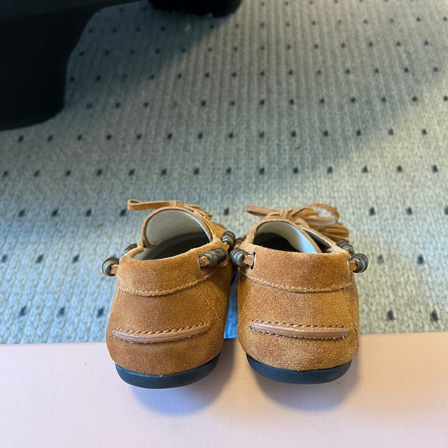 MIUMIU 26S TASSEL LOAFERS IN CARAMEL BROWN SUEDE