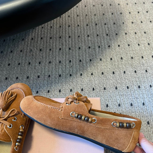 MIUMIU 26S TASSEL LOAFERS IN CARAMEL BROWN SUEDE