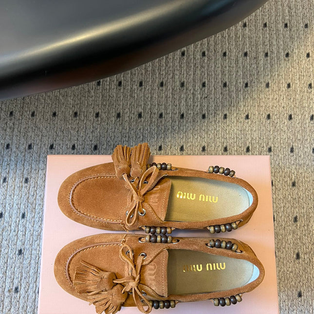 MIUMIU 26S TASSEL LOAFERS IN CARAMEL BROWN SUEDE