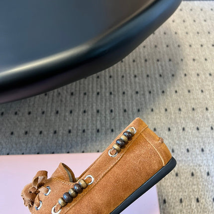 MIUMIU 26S TASSEL LOAFERS IN CARAMEL BROWN SUEDE