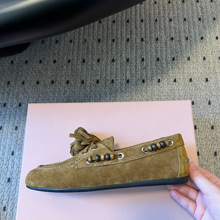 MIUMIU 26S TASSEL LOAFERS IN OLIVE BROWN SUEDE