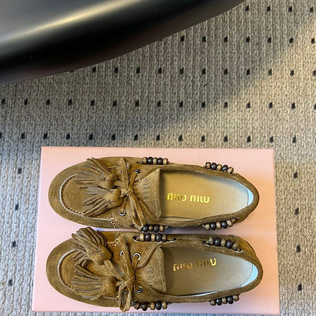 MIUMIU 26S TASSEL LOAFERS IN OLIVE BROWN SUEDE