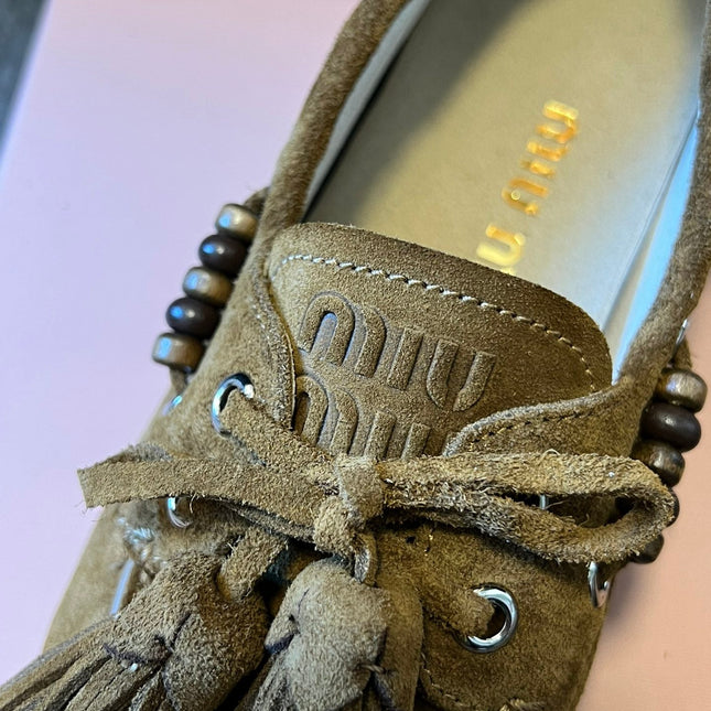 MIUMIU 26S TASSEL LOAFERS IN OLIVE BROWN SUEDE