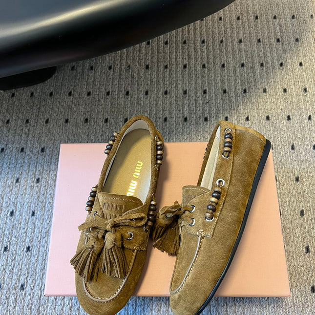 MIUMIU 26S TASSEL LOAFERS IN OLIVE BROWN SUEDE
