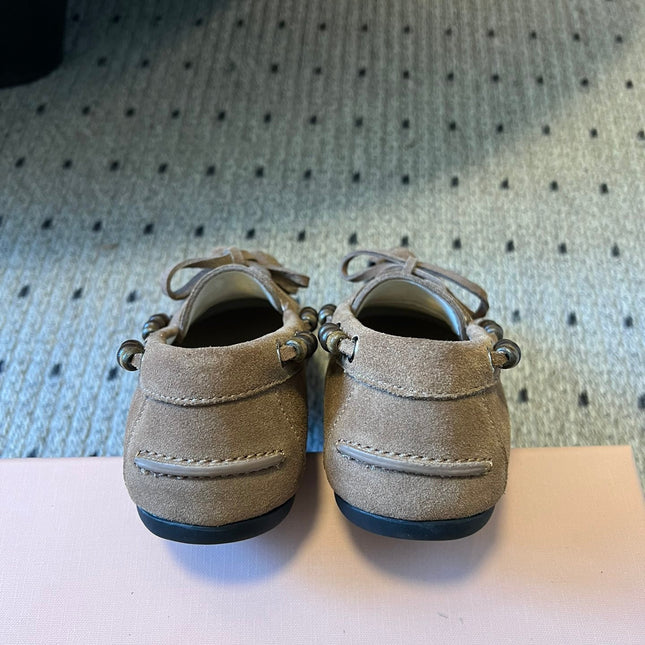 MIUMIU 26S TASSEL LOAFERS IN TAUPE BROWN SUEDE