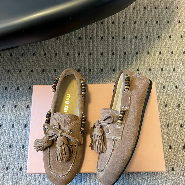 MIUMIU 26S TASSEL LOAFERS IN TAUPE BROWN SUEDE