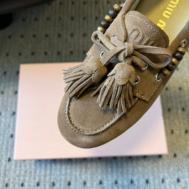 MIUMIU 26S TASSEL LOAFERS IN TAUPE BROWN SUEDE