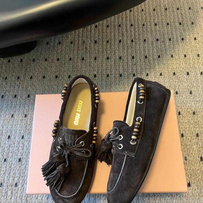 MIUMIU 26S TASSEL LOAFERS IN DARK BROWN SUEDE