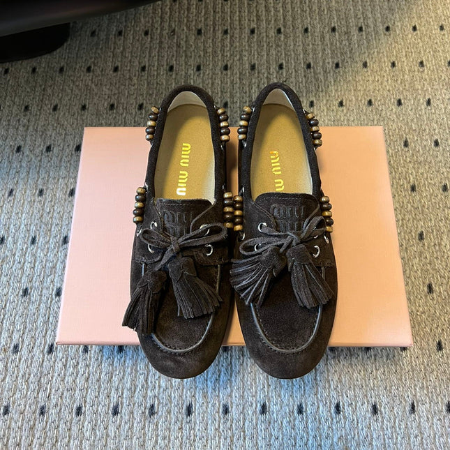 MIUMIU 26S TASSEL LOAFERS IN DARK BROWN SUEDE
