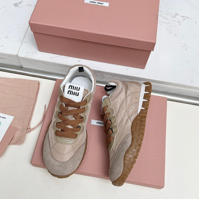 MIUMIU 26S SNEAKERS IN BROWN FABRIC AND SUEDE