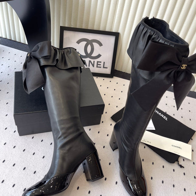 CHANEL BOW HIGH BOOTS IN BLACK CALFSKIN