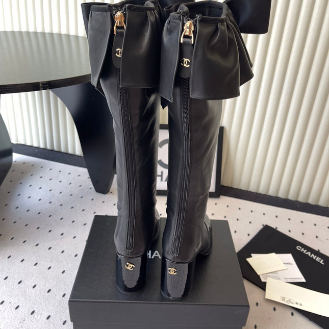 CHANEL BOW HIGH BOOTS IN BLACK CALFSKIN