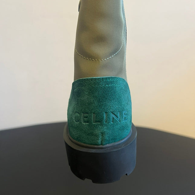 CELINE 26S LACE-UP ANKLE BOOTS IN TEAL GREEN SUEDE AND GRAYISH GREEN LAMBSKIN
