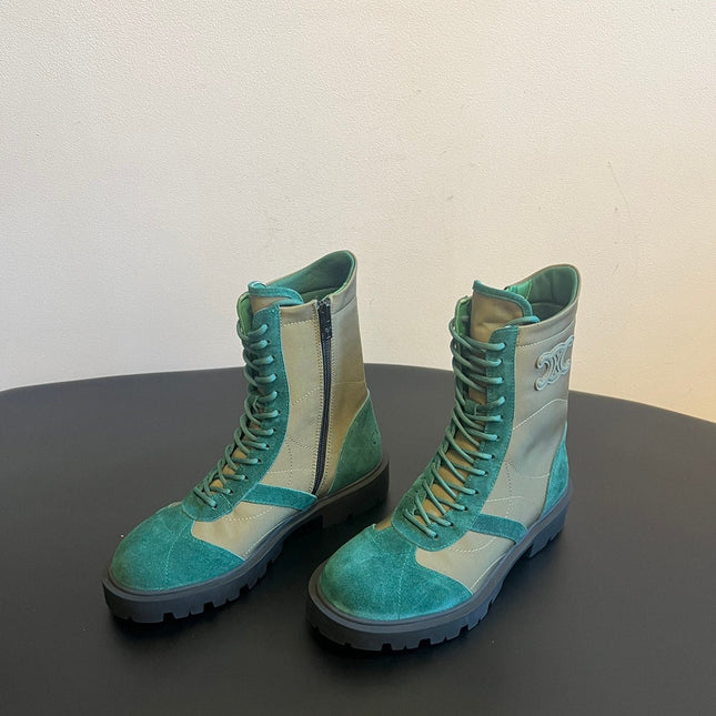 CELINE 26S LACE-UP ANKLE BOOTS IN TEAL GREEN SUEDE AND GRAYISH GREEN LAMBSKIN