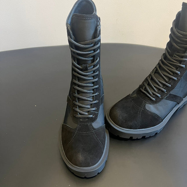 CELINE 26S LACE-UP ANKLE BOOTS IN BLACK SUEDE AND FABRIC