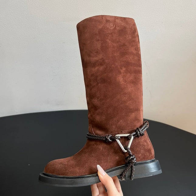 BOTTEGA VENETA 26S TALL BOOTS IN BROWN SUEDE