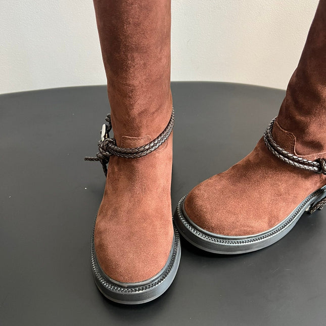 BOTTEGA VENETA 26S TALL BOOTS IN BROWN SUEDE