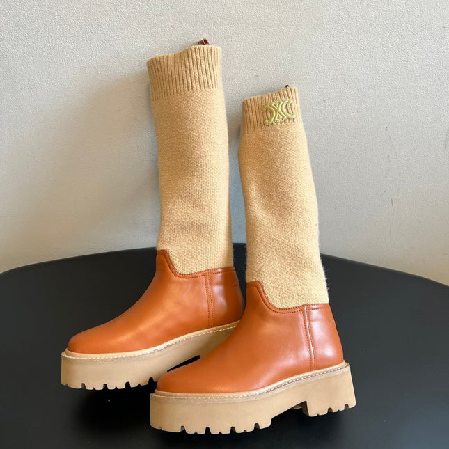CELINE 26S HIGH-TOP BOOTS 60 MM IN ORANGE BROWN CALFSKIN AND BEIGE WOOL