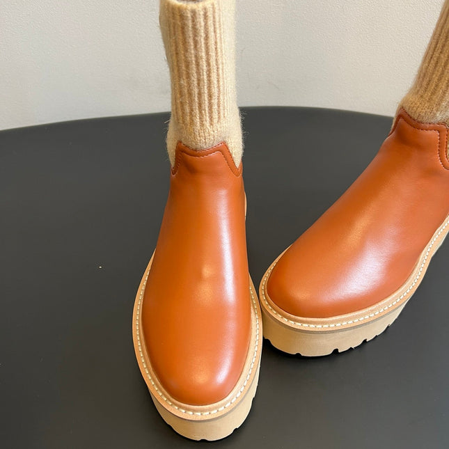 CELINE 26S ANKLE BOOTS 60 MM IN ORANGE BROWN CALFSKIN AND BEIGE WOOL