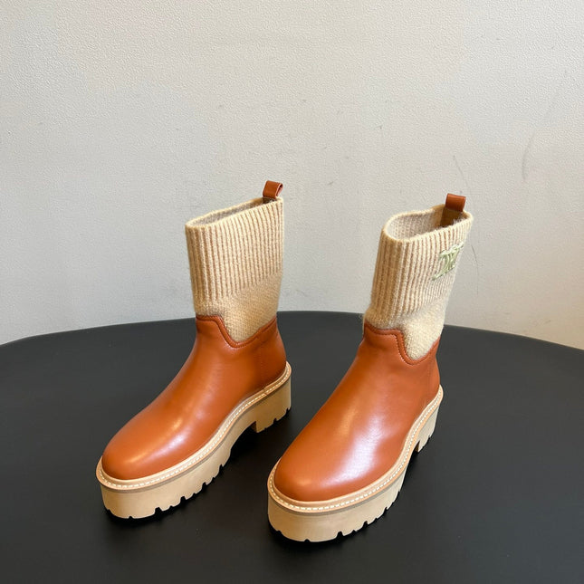 CELINE 26S ANKLE BOOTS 60 MM IN ORANGE BROWN CALFSKIN AND BEIGE WOOL