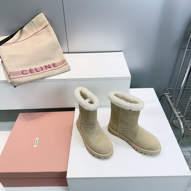 MIUMIU 25S BOOTIES IN DARK BEIGE SUEDE AND SHEARLING