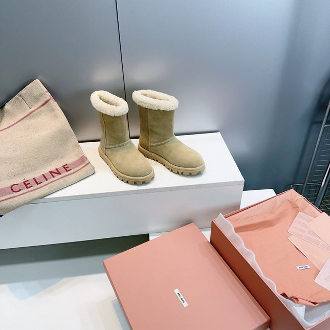 MIUMIU 25S BOOTIES IN DARK BEIGE SUEDE AND SHEARLING