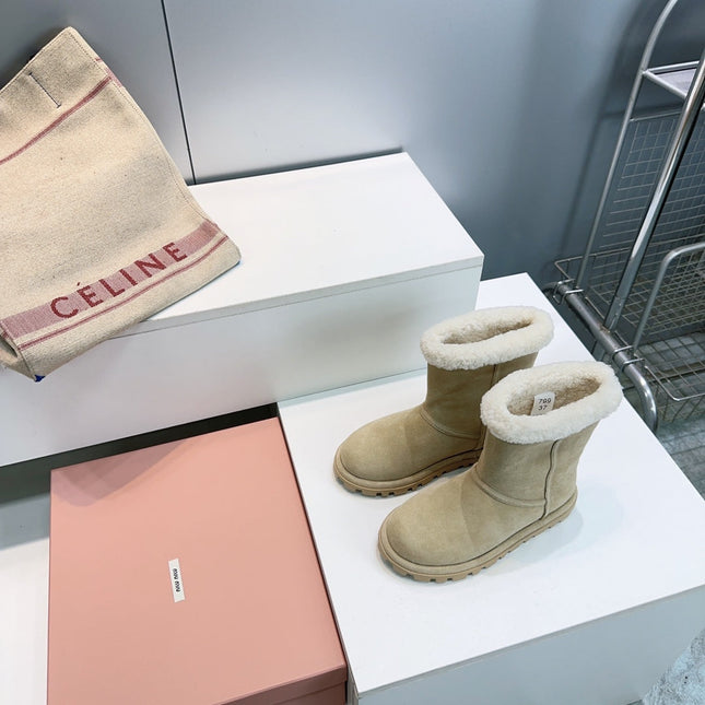 MIUMIU 25S BOOTIES IN DARK BEIGE SUEDE AND SHEARLING