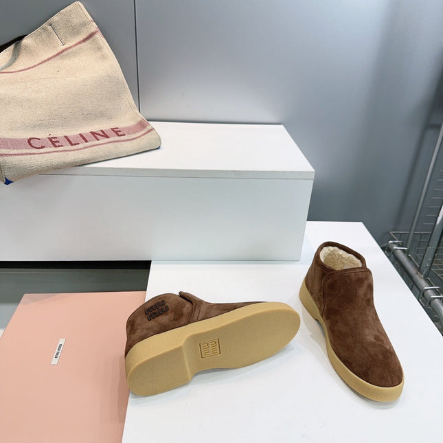 MIUMIU 25S SLIP-ON BOOTIES IN DARK BROWN SUEDE AND SHEARLING