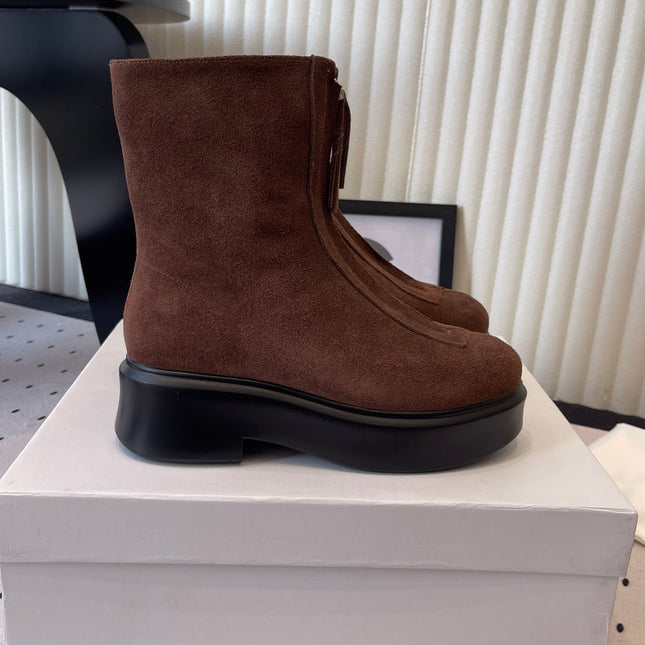 THE ROW ZIPPED ANKLE BOOT IN CHOCOLATE BROWN SUEDE