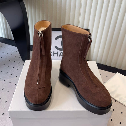 THE ROW ZIPPED ANKLE BOOT IN CHOCOLATE BROWN SUEDE