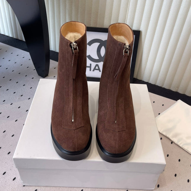 THE ROW ZIPPED ANKLE BOOT IN CHOCOLATE BROWN SUEDE