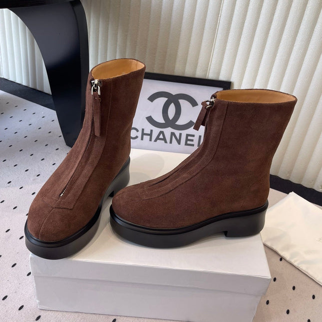 THE ROW ZIPPED ANKLE BOOT IN CHOCOLATE BROWN SUEDE