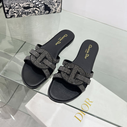 DIOR 26S D-CLUB SLIDE SANDAL IN BLACK CRYSTAL-EMBELLISHED CALFSKIN