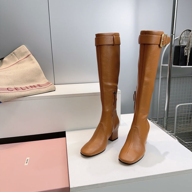 MIUMIU 25S BOOTS WITH BUCKLE 60MM IN CARAMEL BROWN CALFSKIN