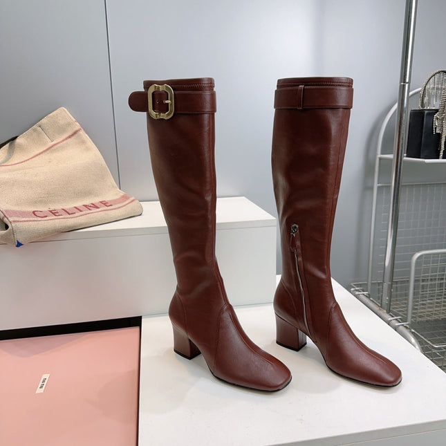 MIUMIU 25S BOOTS WITH BUCKLE 60MM IN DARK BROWN CALFSKIN