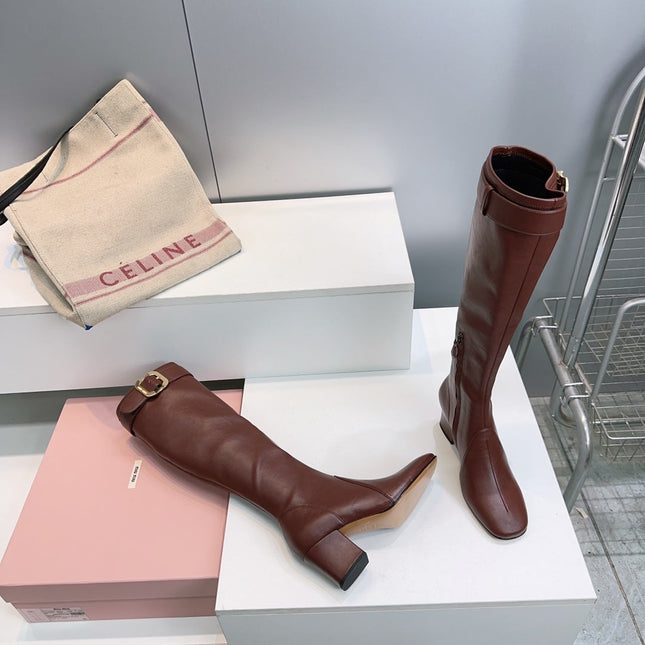 MIUMIU 25S BOOTS WITH BUCKLE 60MM IN DARK BROWN CALFSKIN