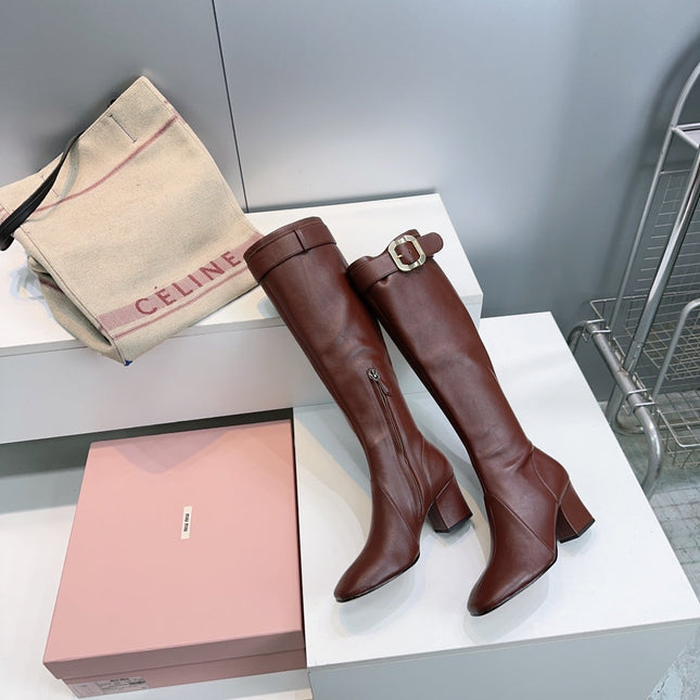 MIUMIU 25S BOOTS WITH BUCKLE 60MM IN DARK BROWN CALFSKIN