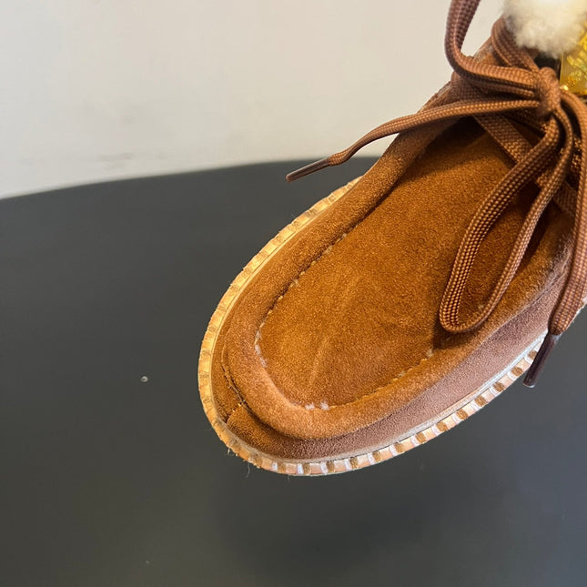 PRADA 25S HIGH-TOP SHOES 40 MM IN BROWN SUEDE SHEARLING-LINED