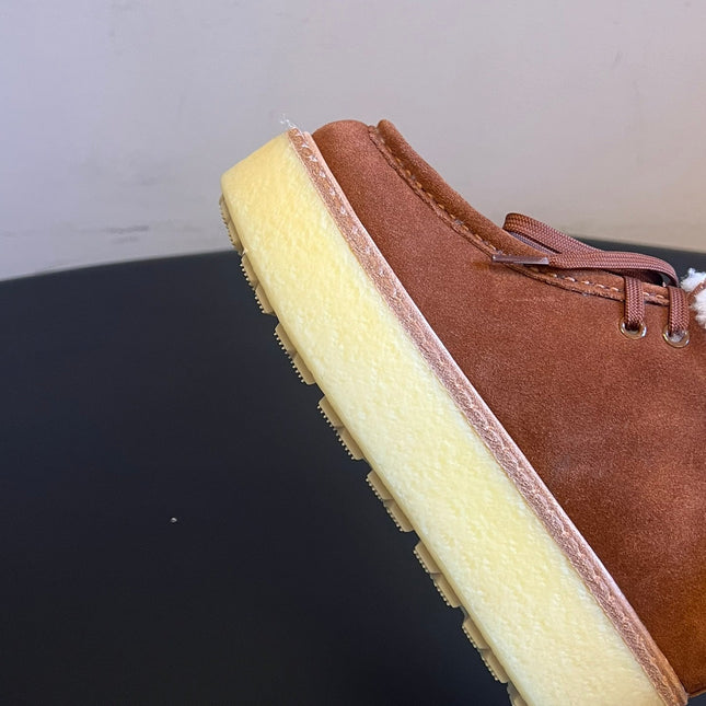 PRADA 25S HIGH-TOP SHOES 40 MM IN BROWN SUEDE SHEARLING-LINED