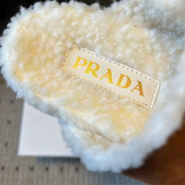PRADA 25S TWO-STRAP SANDALS IN BROWN SUEDE AND WHITE SHEARLING WITH GOLD HARDWARE