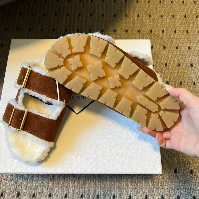 PRADA 25S TWO-STRAP SANDALS IN BROWN SUEDE AND WHITE SHEARLING WITH GOLD HARDWARE
