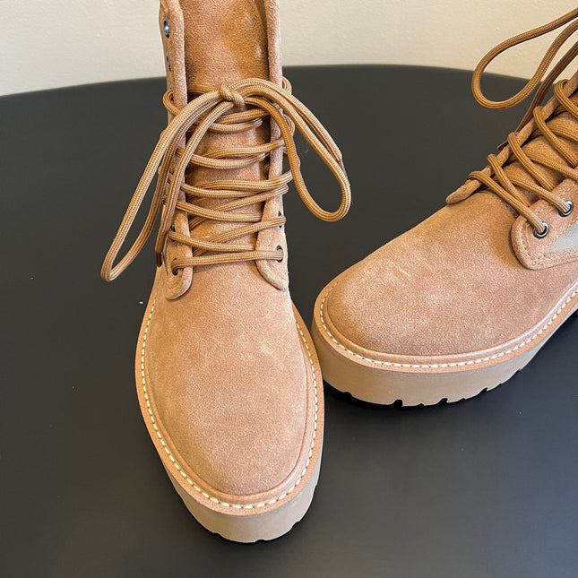 CELINE 26S MARGARET COMBAT BOOT 45 MM IN SAND BEIGE CANVAS AND SUEDE