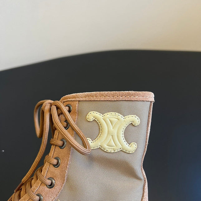 CELINE 26S MARGARET COMBAT BOOT 45 MM IN SAND BEIGE CANVAS AND SUEDE