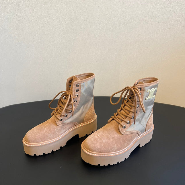 CELINE 26S MARGARET COMBAT BOOT 45 MM IN SAND BEIGE CANVAS AND SUEDE