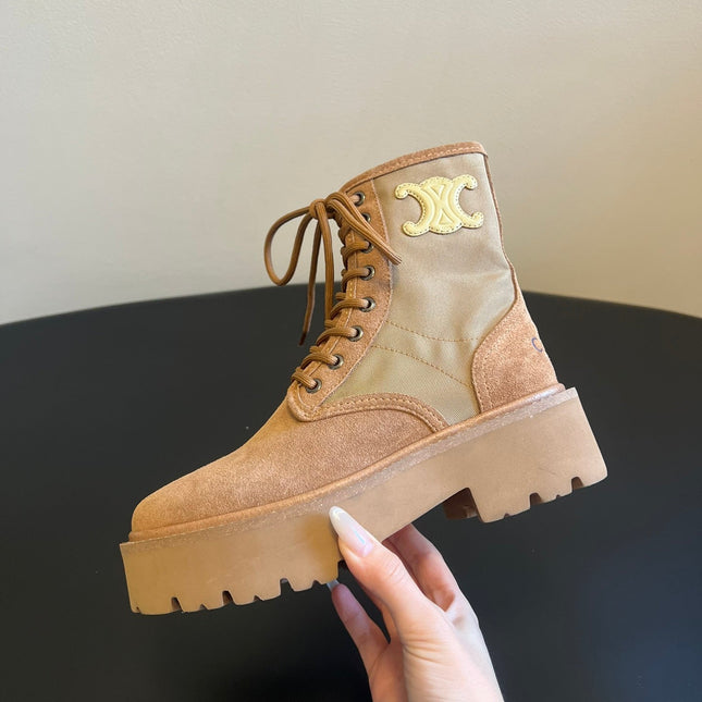 CELINE 26S MARGARET COMBAT BOOT 45 MM IN SAND BEIGE CANVAS AND SUEDE