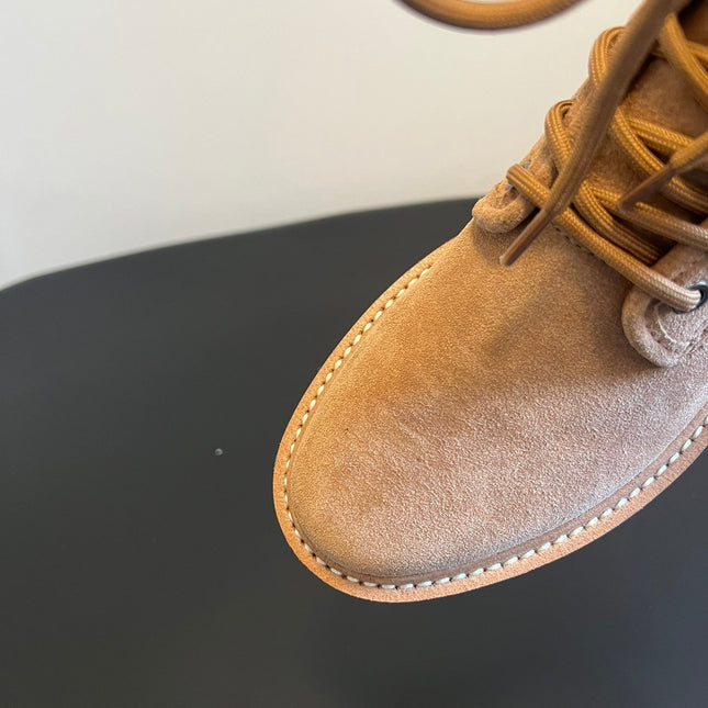 CELINE 26S MARGARET COMBAT BOOT 45 MM IN SAND BEIGE CANVAS AND SUEDE
