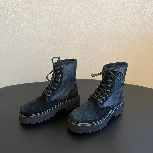 CELINE 26S MARGARET COMBAT BOOT 45 MM IN BLACK CANVAS AND SUEDE